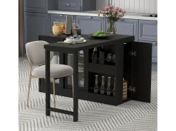 Mueble bar giratorio negro - Mesa de bar con 2 puertas de cristal y 2 compartimentos de almacenamiento abiertos - parte superior giratoria