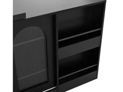 Mueble bar giratorio negro - Mesa de bar con 2 puertas de cristal y 2 compartimentos de almacenamiento abiertos - parte superior giratoria