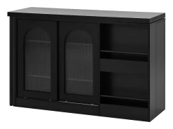 Mueble bar giratorio negro - Mesa de bar con 2 puertas de cristal y 2 compartimentos de almacenamiento abiertos - parte superior giratoria