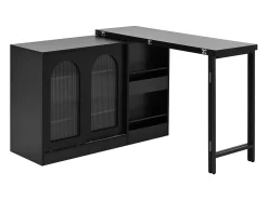 Mueble bar giratorio negro - Mesa de bar con 2 puertas de cristal y 2 compartimentos de almacenamiento abiertos - parte superior giratoria
