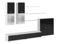 Mueble comedor, salón con luces Leds, acabado en Negro Brillo Lacado y Blanco Mate. 300x42x189cm