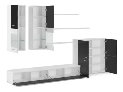 Mueble comedor, salón con luces Leds, acabado en Negro Brillo Lacado y Blanco Mate. 300x42x189cm