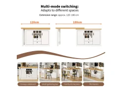 Mueble de bar de cocina extensible - y rotación 360° - mesa grande - 180x79.5x71.5 cm - 2 cajones y 2 puertas - 3 portabotellas - Blanco