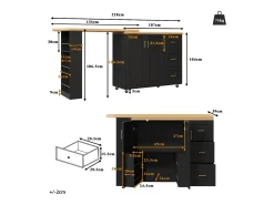 Mueble de bar extensible - pivotante - 228x39x104cm - con 2 puertas y 3 cajones - con estantes laterales - Negro