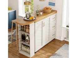Mueble de bar extensible - pivotante - 228x39x104cm - con 2 puertas y 3 cajones - con estantes laterales - Blanco