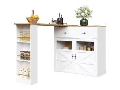 Mueble de bar giratorio 360° y plegable - con 1 cajón y 2 puertas - estantes abiertos - blanco + natural