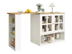 Mueble de bar giratorio 360° y plegable - con 2 puertas y estantes abiertos - blanco + natural