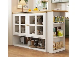 Mueble de bar giratorio 360° y plegable - con 2 puertas y estantes abiertos - blanco + natural