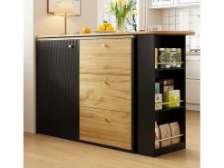 Mueble de bar giratorio 360° y plegable - con 3 cajones y 1 puerta - estantes abiertos - negro + natural