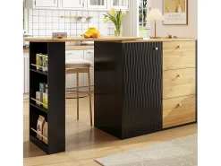 Mueble de bar giratorio 360° y plegable - con 3 cajones y 1 puerta - estantes abiertos - negro + natural