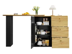 Mueble de bar giratorio 360° y plegable - con 3 cajones y 1 puerta - estantes abiertos - negro + natural