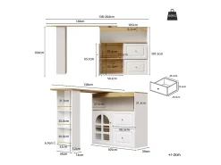 Mueble de bar giratorio 360° y plegable - con 2 cajones y 1 puerta - estantes abiertos - blanco + natural