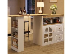 Mueble de bar giratorio 360° y plegable - con 2 cajones y 1 puerta - estantes abiertos - blanco + natural