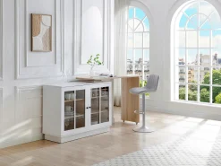 Mueble de bar giratorio con almacenamiento de MDF, vidrio templado - Blanco y natural - ARAMETA