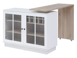 Mueble de bar giratorio con almacenamiento de MDF, vidrio templado - Blanco y natural - ARAMETA