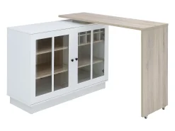 Mueble de bar giratorio con almacenamiento de MDF, vidrio templado - Blanco y natural - ARAMETA