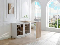 Mueble de bar giratorio con almacenamiento de MDF, vidrio templado - Blanco y natural - ARAMETA
