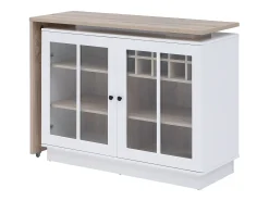 Mueble de bar giratorio con almacenamiento de MDF, vidrio templado - Blanco y natural - ARAMETA