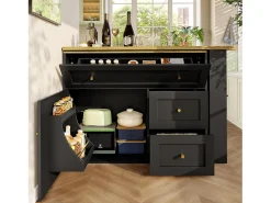 Mueble de bar giratorio moderno 360° - 204×39×105 cm - 2 cajones y 2 puertas - con estantes laterales - mesa extensible - negro