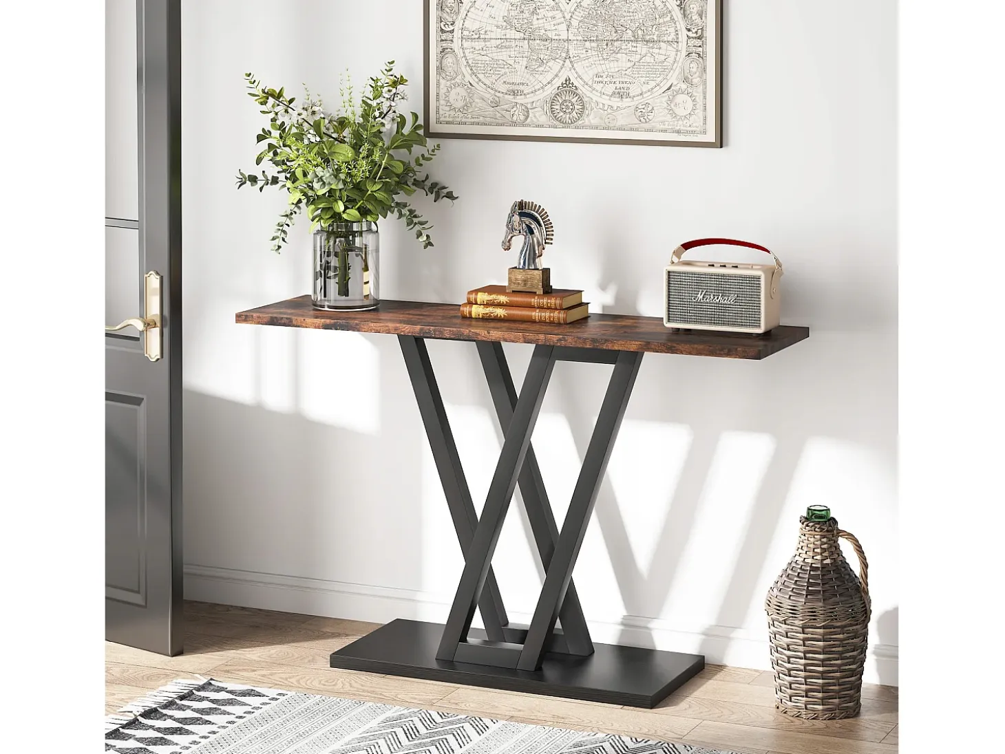 Mueble de consola, Consola de entrada para el pasillo industrial, Mesas de entrada de 110 cm, Mesa de sofá estrecha para el salón, Marrón rústico