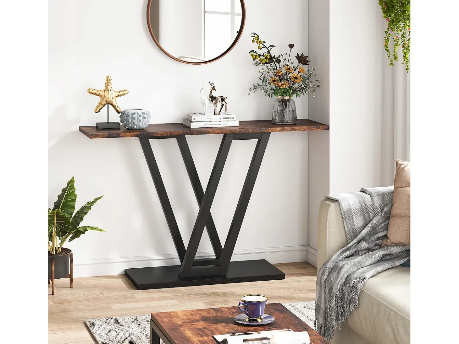 Mueble de consola, Consola de entrada para el pasillo industrial, Mesas de entrada de 110 cm, Mesa de sofá estrecha para el salón, Marrón rústico
