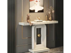 Mueble de entrada de consola de mesa, mesa de entrada de 100 cm con impresión de mármol para el pasillo y base en forma de reloj de péndulo