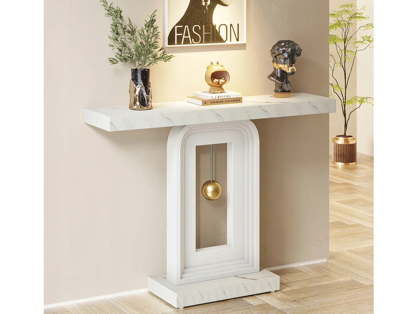 Mueble de entrada de consola de mesa, mesa de entrada de 100 cm con impresión de mármol para el pasillo y base en forma de reloj de péndulo
