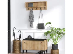 Mueble de entrada de madera LUANA con banco, zapatero y perchero de pared