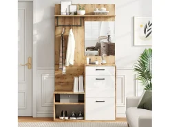 Mueble de entrada multifuncional con espejo, tablero de partículas, blanco y madera natural (100x38,5x190cm)