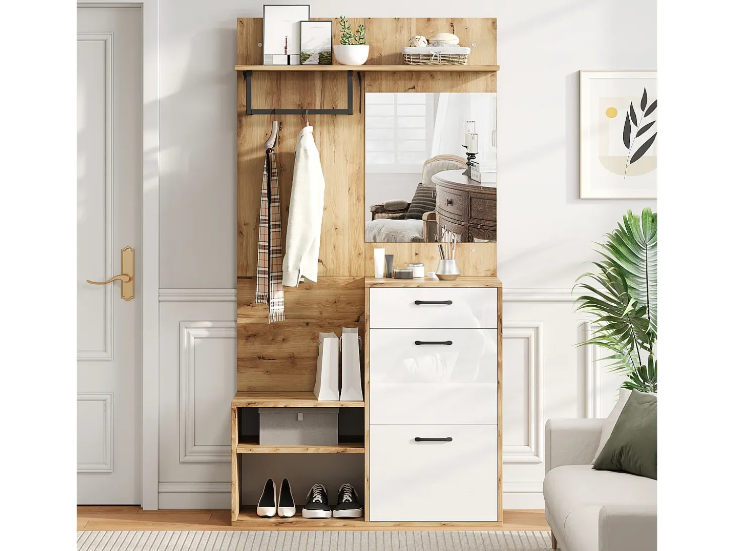 Mueble de entrada multifuncional con espejo, tablero de partículas, blanco y madera natural (100x38,5x190cm)