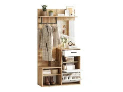 Mueble de entrada multifuncional con espejo, tablero de partículas, blanco y madera natural (100x38,5x190cm)