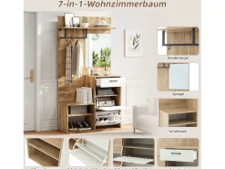 Mueble de entrada multifuncional con espejo, tablero de partículas, blanco y madera natural (100x38,5x190cm)