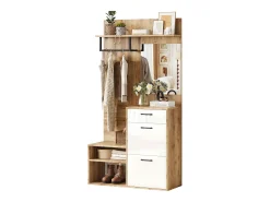 Mueble de entrada multifuncional con espejo, tablero de partículas, blanco y madera natural (100x38,5x190cm)