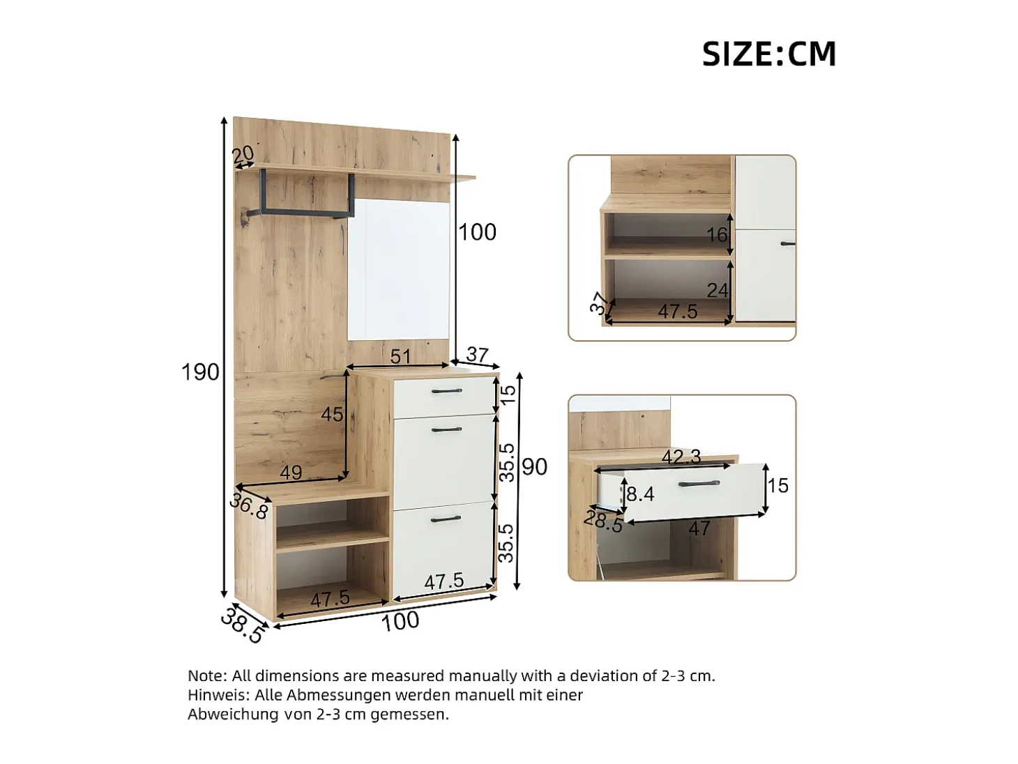 Mueble de entrada multifuncional con espejo, tablero de partículas, blanco y madera natural (100x38,5x190cm)
