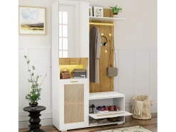 Mueble de entrada multifuncional con espejo, iluminación LED de 16 colores, MDF y tablero de partículas, blanco y madera (110x38x190cm)