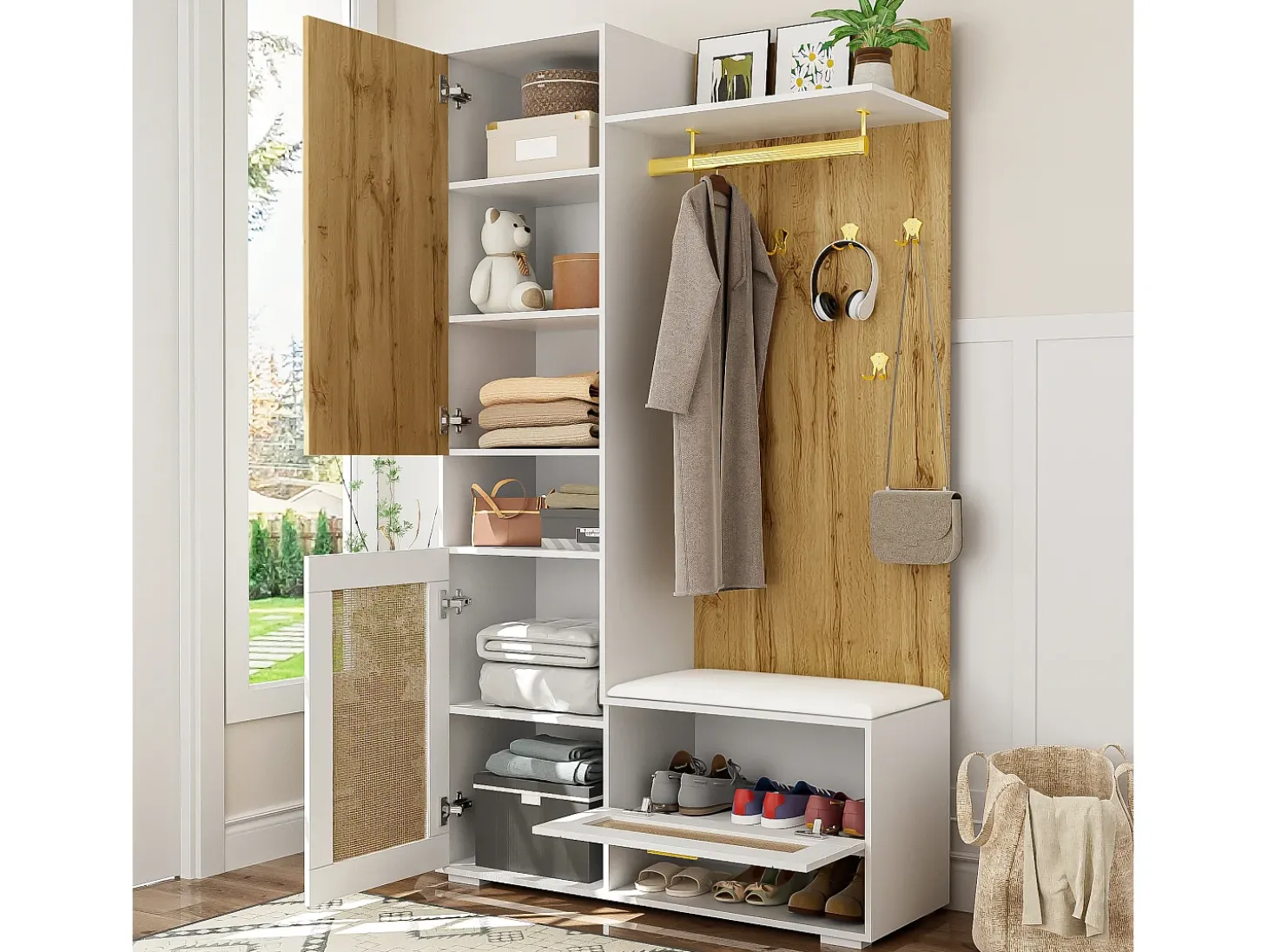 Mueble de entrada multifuncional con espejo, iluminación LED de 16 colores, MDF y tablero de partículas, blanco y madera (110x38x190cm)