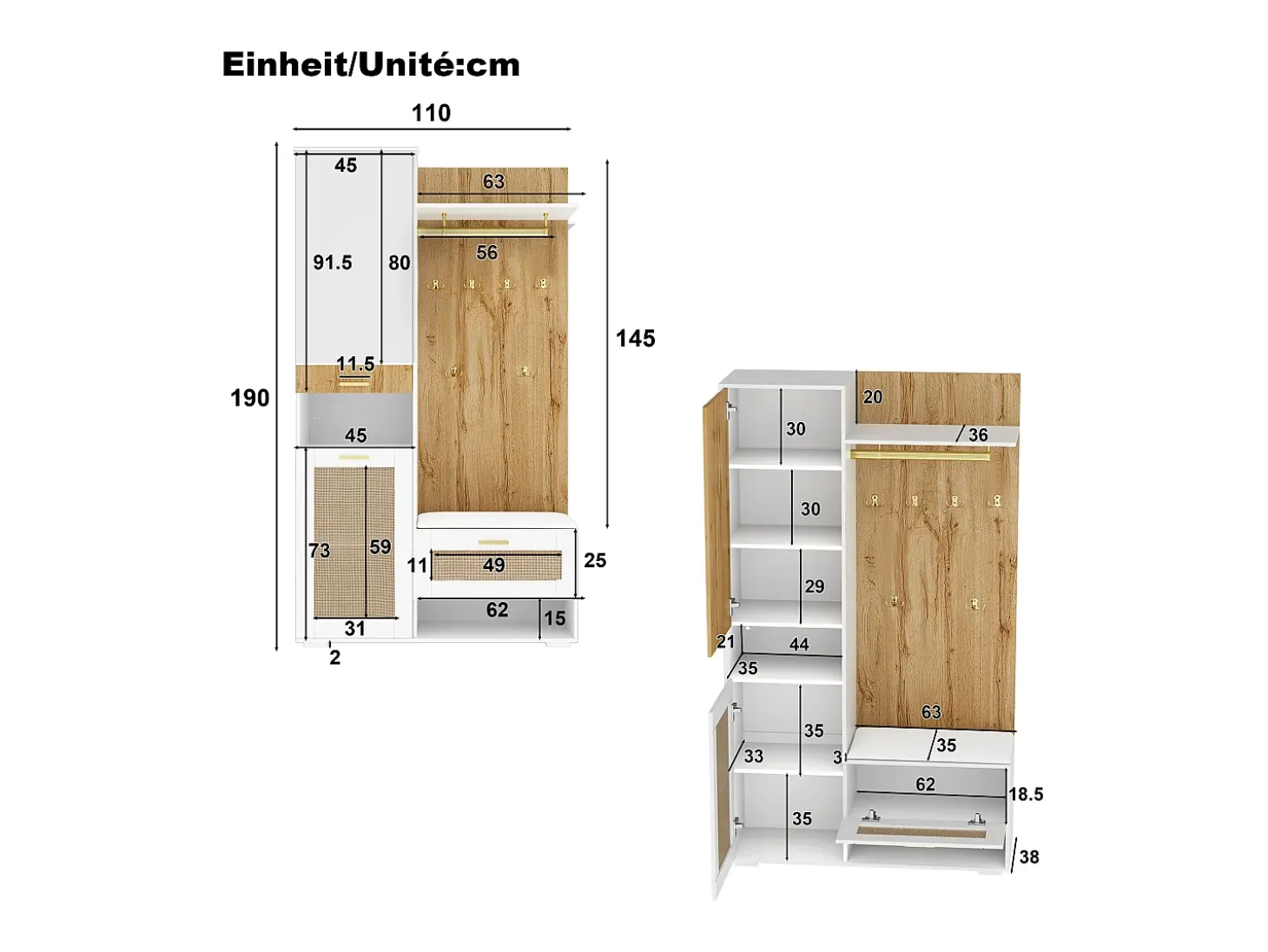 Mueble de entrada multifuncional con espejo, iluminación LED de 16 colores, MDF y tablero de partículas, blanco y madera (110x38x190cm)