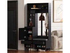 Mueble de entrada multifuncional con banco, perchero, estantes, 4 ganchos, 2 cajones, 1 puerta, negro, (100x35x180 cm)