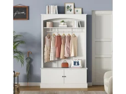 Mueble de entrada multifunción blanco con banco, tablero de partículas y almacenaje regulable (120x40x190cm)