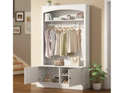 Mueble de entrada multifunción blanco con banco, tablero de partículas y almacenaje regulable (120x40x190cm)
