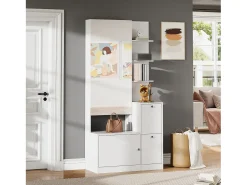 Mueble de entrada/recibidor - 85 x 40 x 180 cm - con espejo + zapatero + 2 puertas + 5 estantes - aglomerado - blanco