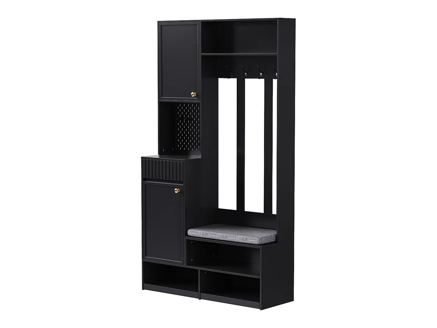 Mueble de recibidor con banco, perchero, estantes y cajones, 4 ganchos, 1 puerta, blanco, (100x35x180 cm)