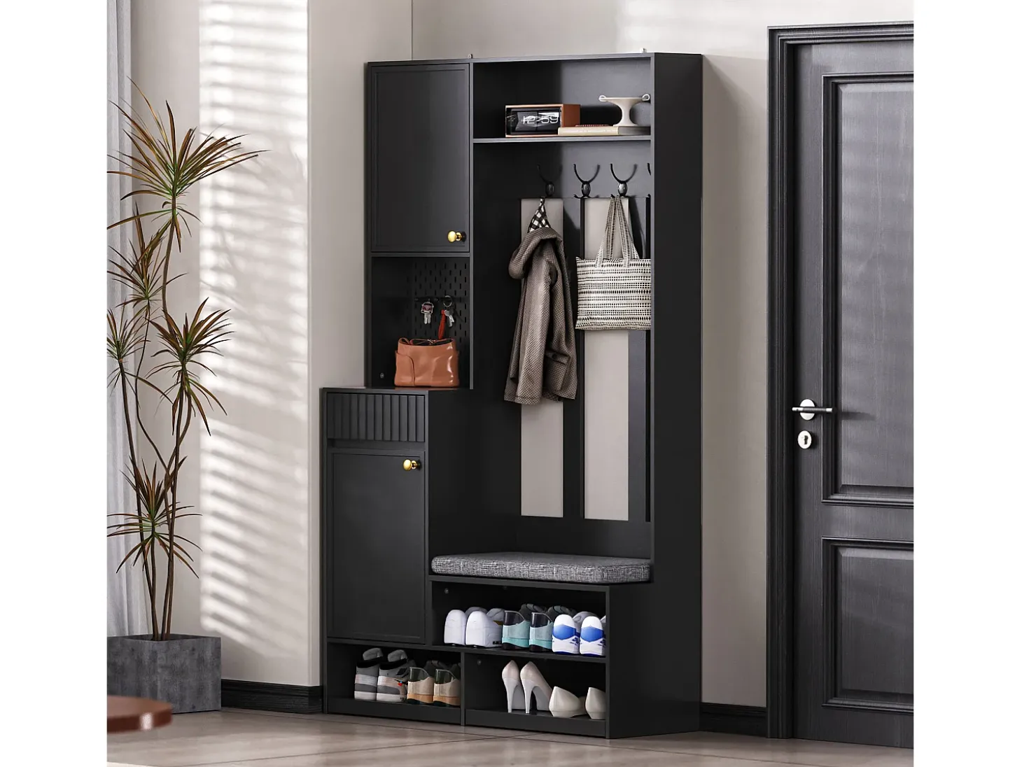 Mueble de recibidor con banco, perchero, estantes y cajones, 4 ganchos, 1 puerta, blanco, (100x35x180 cm)