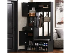 Mueble de recibidor con banco, perchero, estantes y cajones, 4 ganchos, 1 puerta, blanco, (100x35x180 cm)