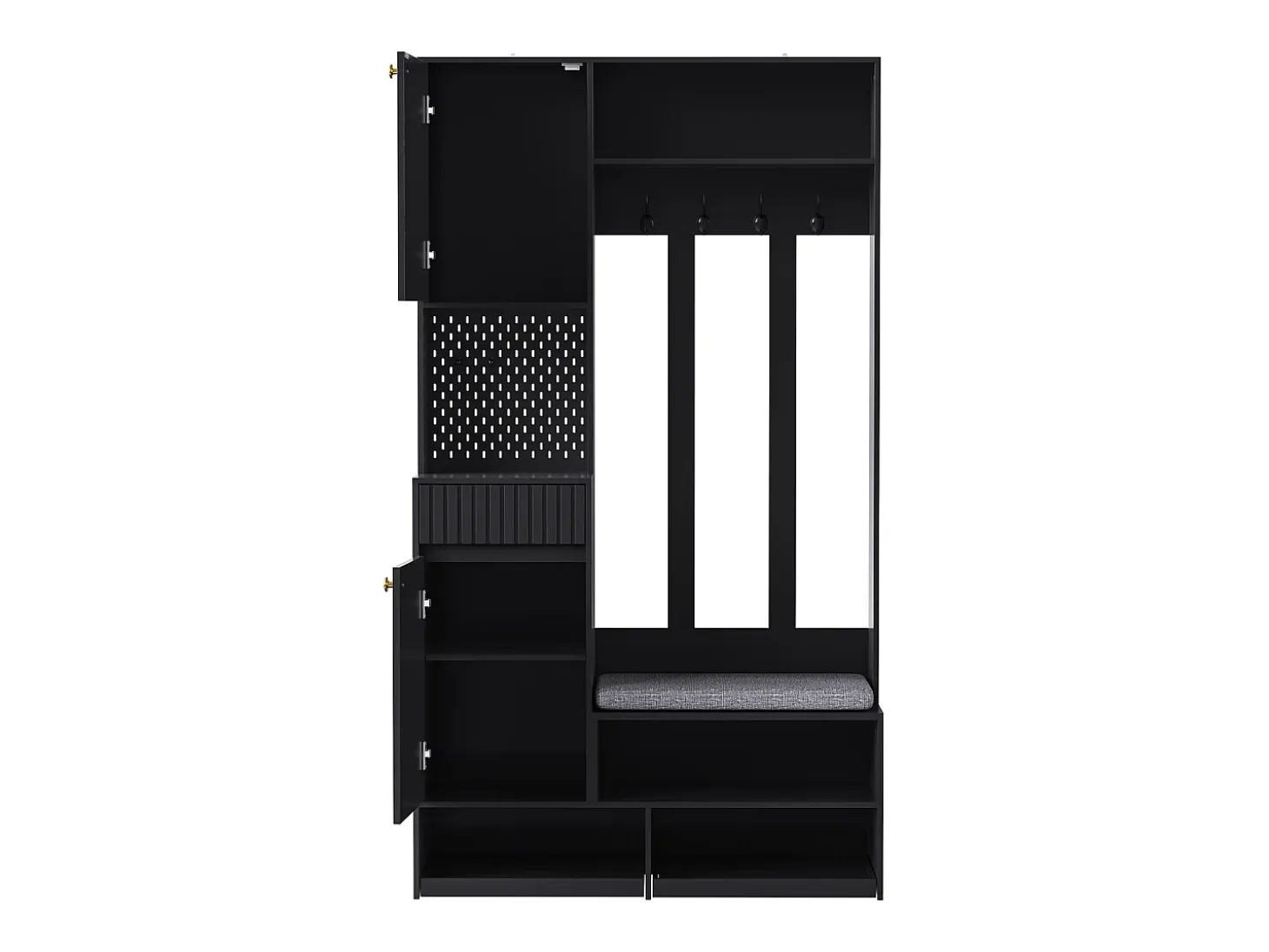 Mueble de recibidor con banco, perchero, estantes y cajones, 4 ganchos, 1 puerta, blanco, (100x35x180 cm)