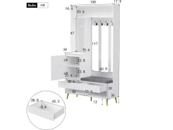 Mueble de recibidor con banco, perchero, estantes y cajones, 4 ganchos, 1 puerta, blanco, (100x35x180 cm)