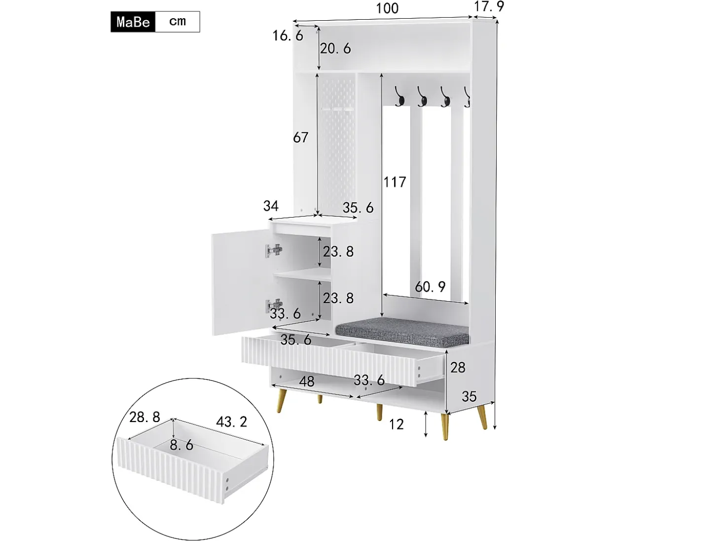 Mueble de recibidor con banco, perchero, estantes y cajones, 4 ganchos, 1 puerta, blanco, (100x35x180 cm)