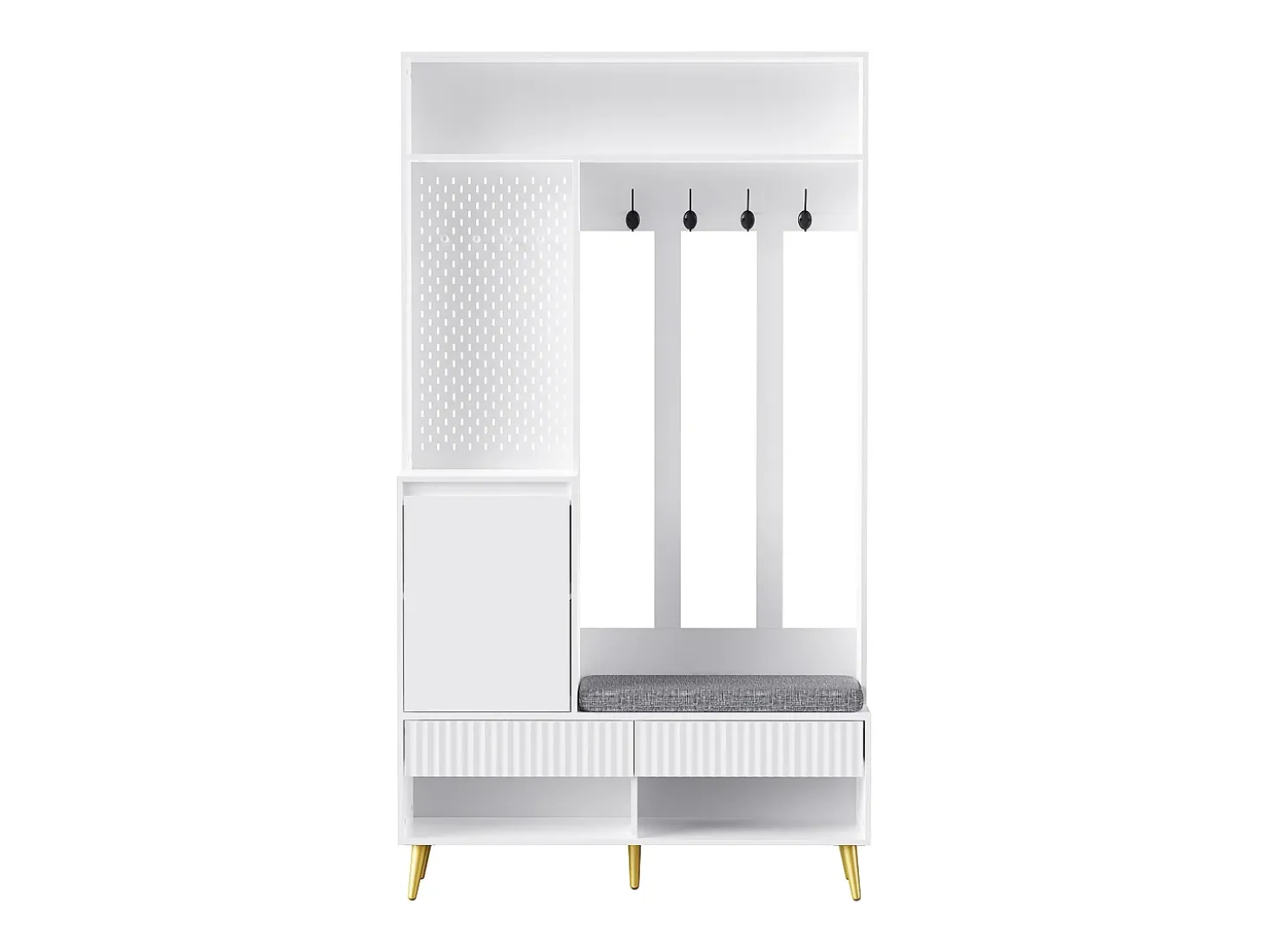 Mueble de recibidor con banco, perchero, estantes y cajones, 4 ganchos, 1 puerta, blanco, (100x35x180 cm)