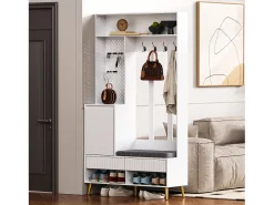 Mueble de recibidor con banco, perchero, estantes y cajones, 4 ganchos, 1 puerta, blanco, (100x35x180 cm)