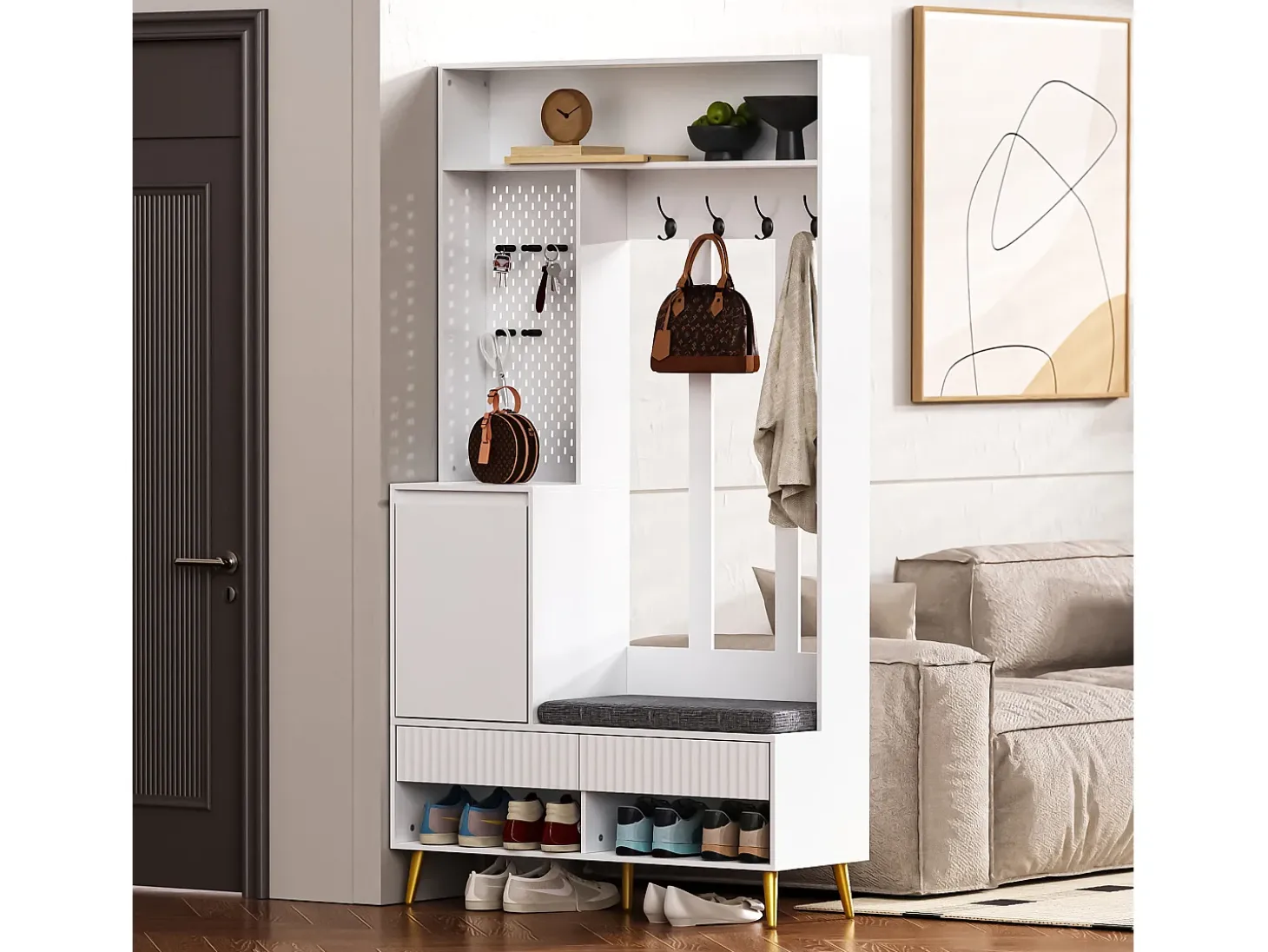 Mueble de recibidor con banco, perchero, estantes y cajones, 4 ganchos, 1 puerta, blanco, (100x35x180 cm)